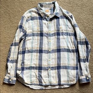 True Grit Navy Blue White and Cream Plaid Button Up Shirt Casual Cotton 2XL Men